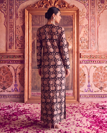 Black Chanderi Pearl & Bead Embroidered Kurta with Tassels-(NMFH-18)