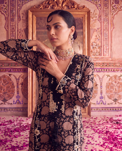 Black Chanderi Pearl & Bead Embroidered Kurta with Tassels-(NMFH-18)