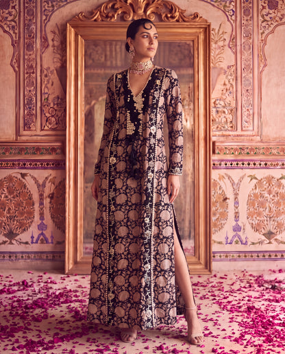 Black Chanderi Pearl & Bead Embroidered Kurta with Tassels-(NMFH-18)