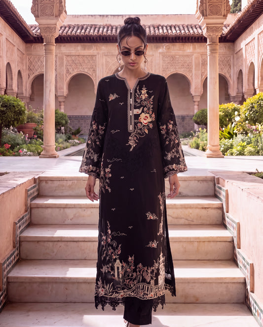 Egyptian Cotton Kurta with Lace Detailing & Oriental Pearl Embroidery-(FOC-5040)