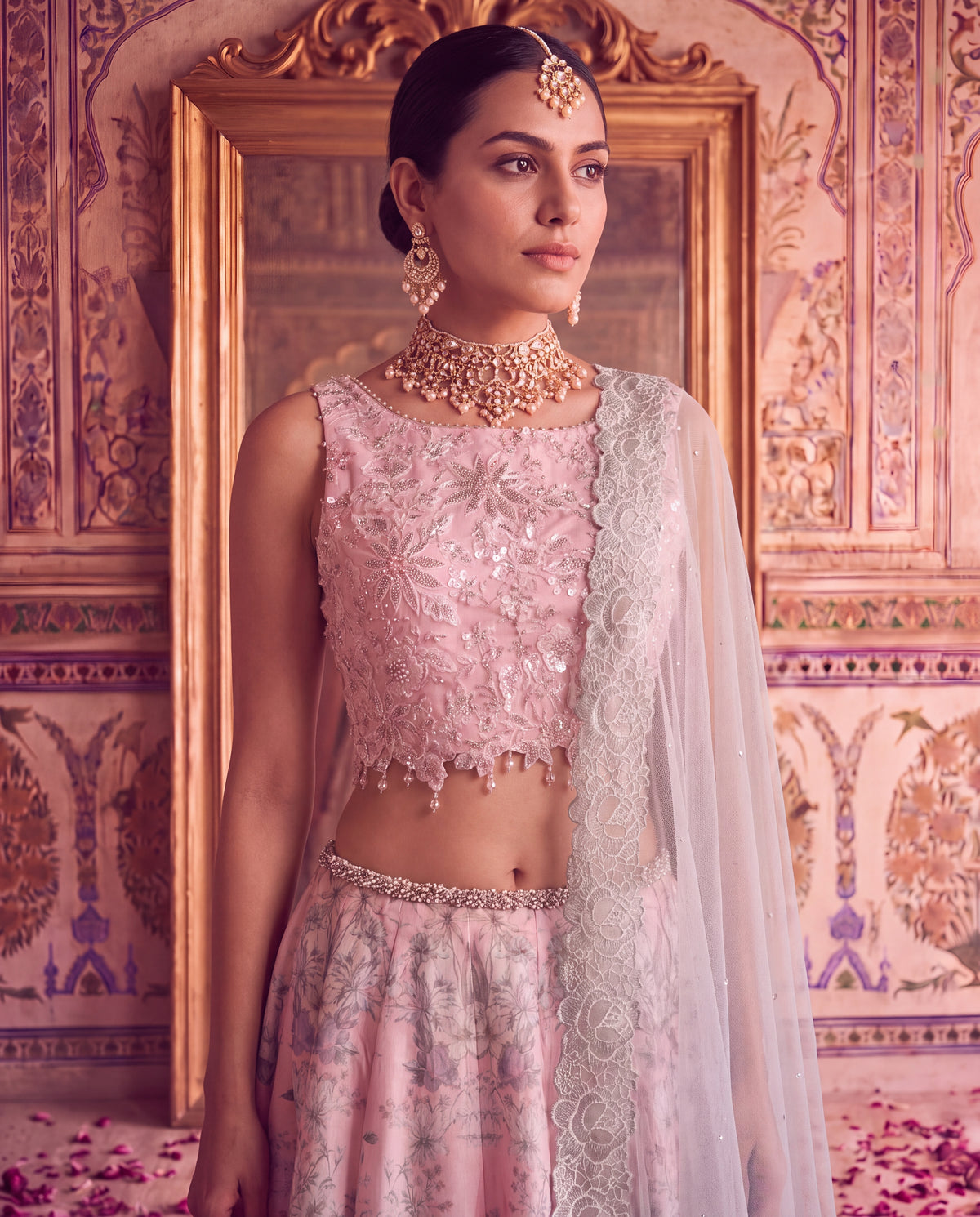 Pastel Pink Embroidered Floral Lehenga Set -(PNDE-9)