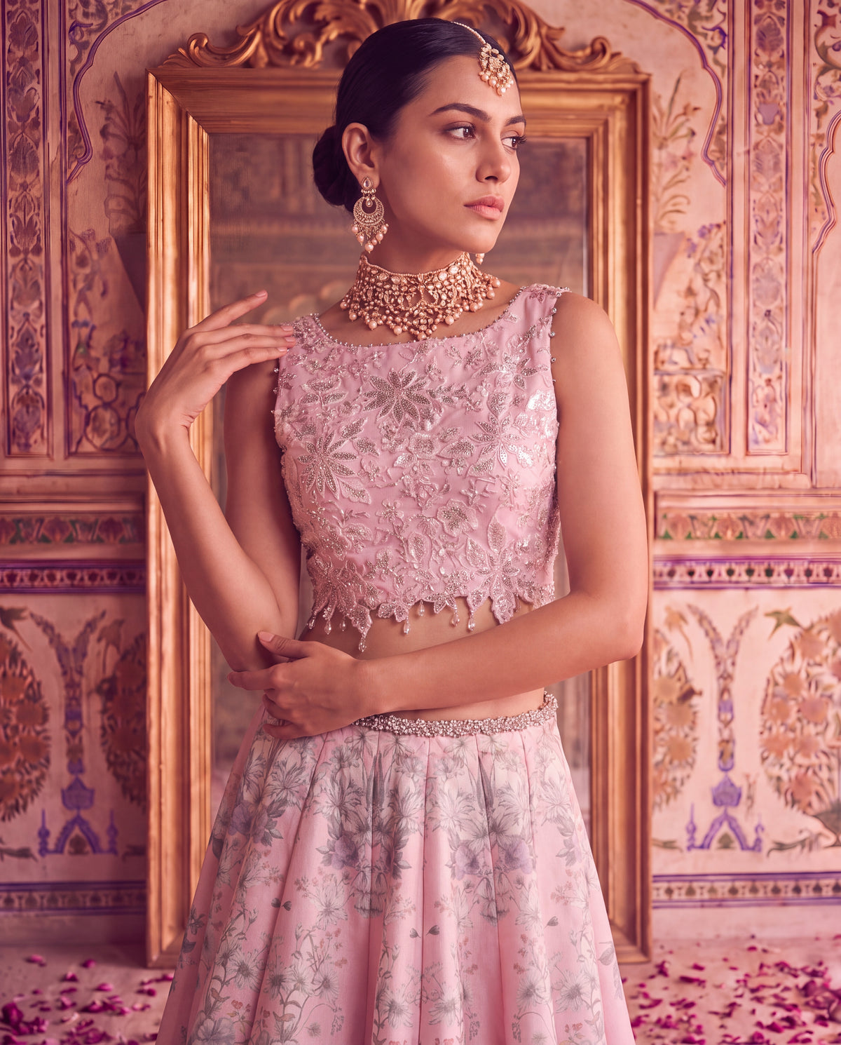Pastel Pink Embroidered Floral Lehenga Set -(PNDE-9)