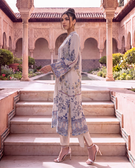 Ivory Egyptian Cotton Kurta Set with Blue Floral Prints-(EGC-720)