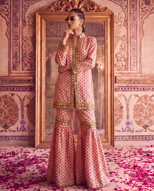 Ajrakh Kurta Gharara Set with Mirror Embroidery-(PPV-5040)