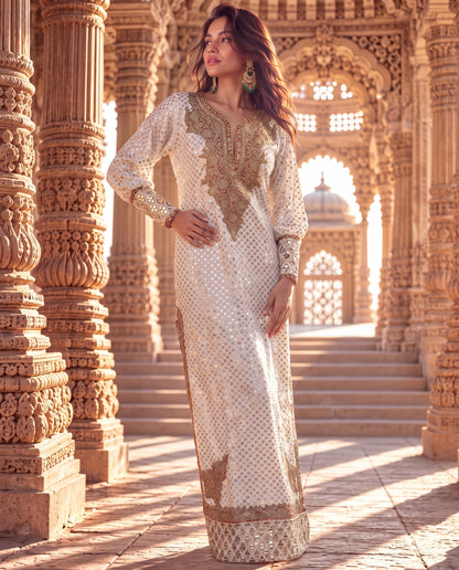 Off-White Gold & Silver Tikki Georgette Long Kaftan-(OWRF-9)