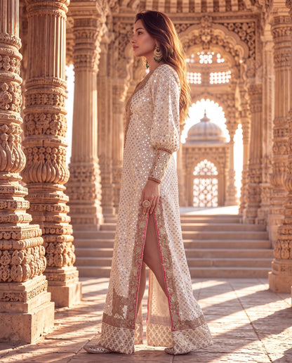 Off-White Gold & Silver Tikki Georgette Long Kaftan-(OWRF-9)