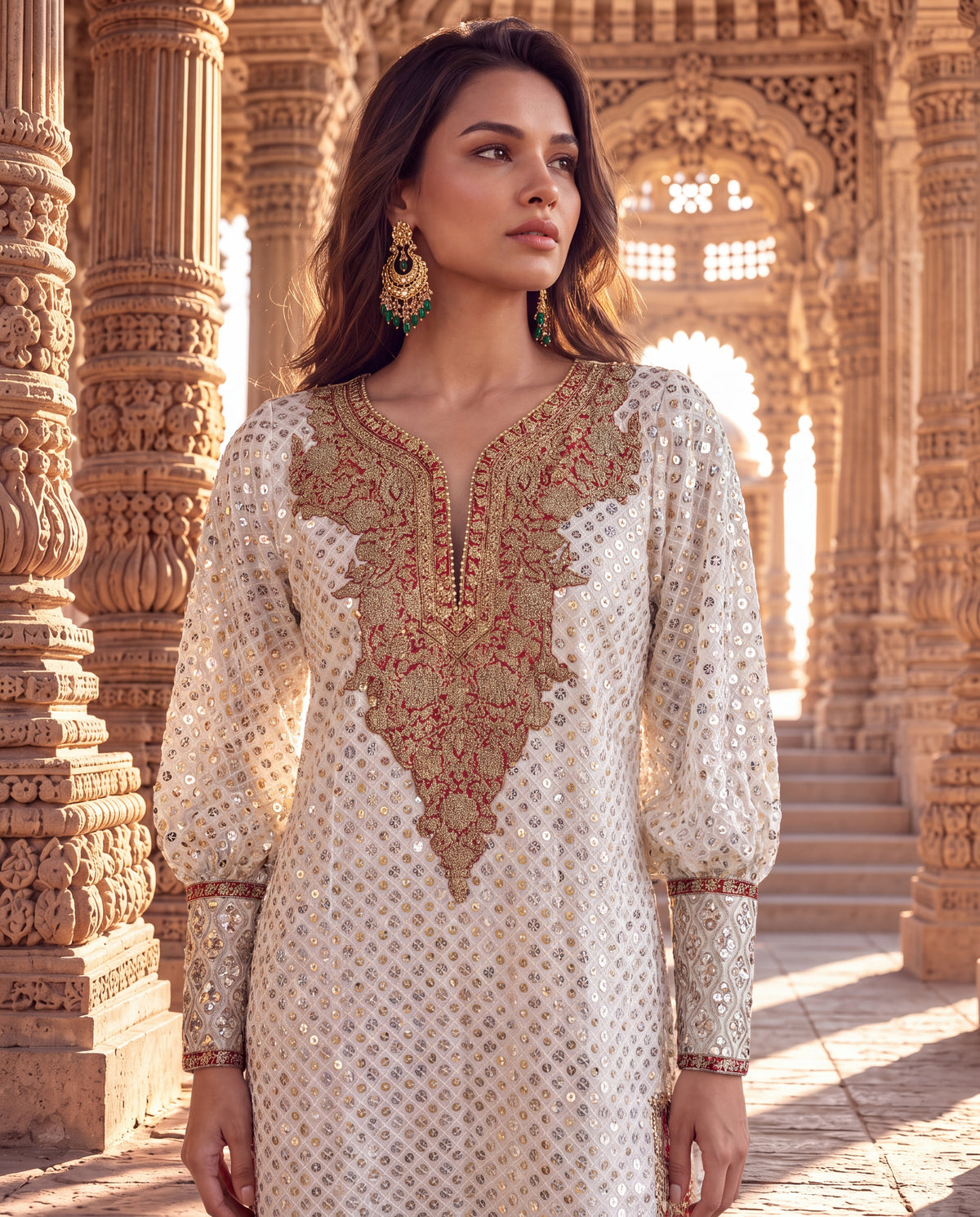 Off-White Gold & Silver Tikki Georgette Long Kaftan-(OWRF-9)