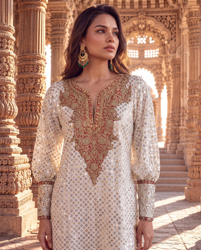 Off-White Gold & Silver Tikki Georgette Long Kaftan-(OWRF-9)