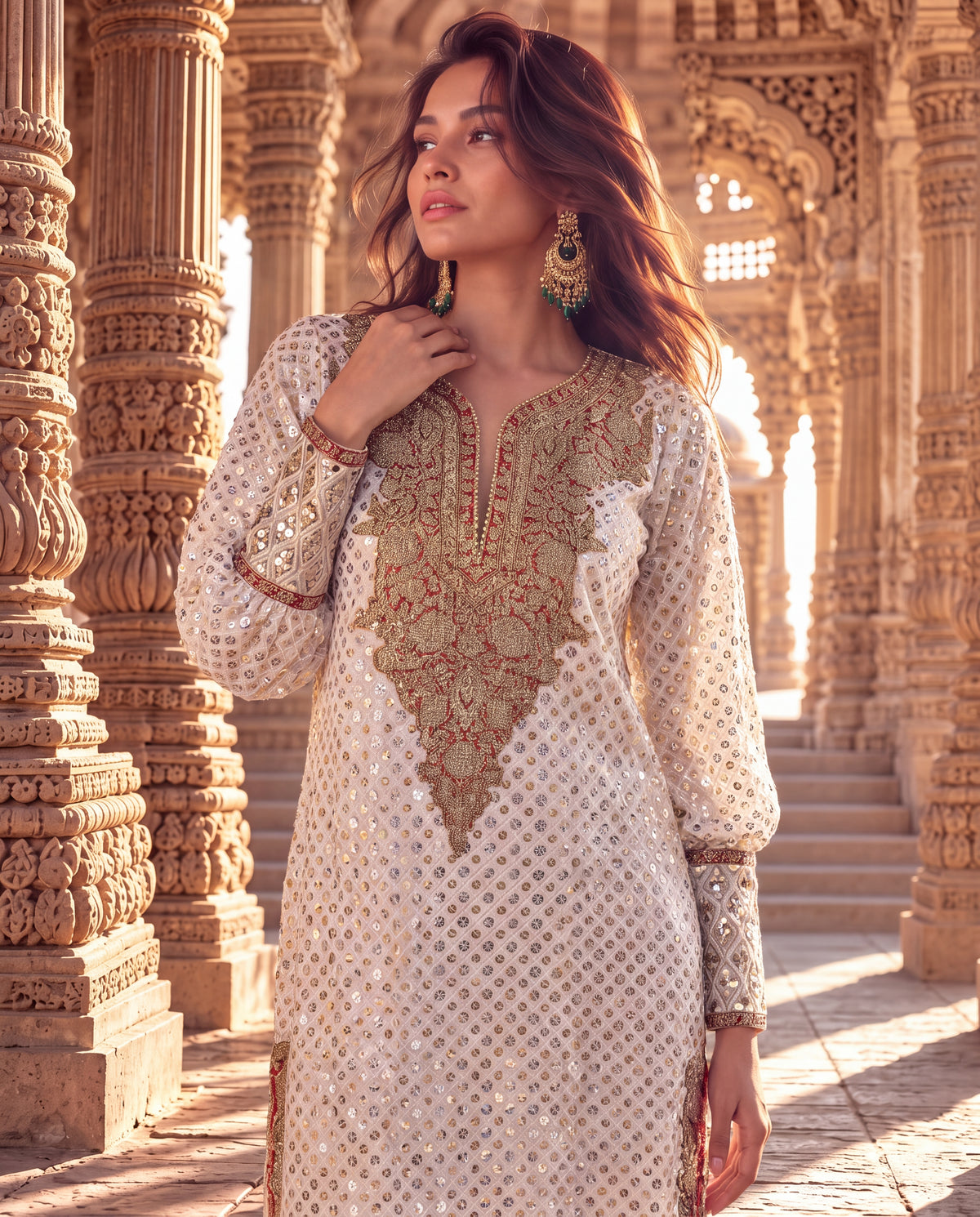 Off-White Gold & Silver Tikki Georgette Long Kaftan-(OWRF-9)