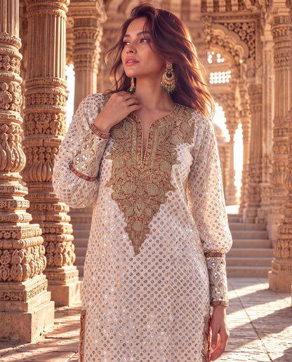 Off-White Gold & Silver Tikki Georgette Long Kaftan-(OWRF-9)