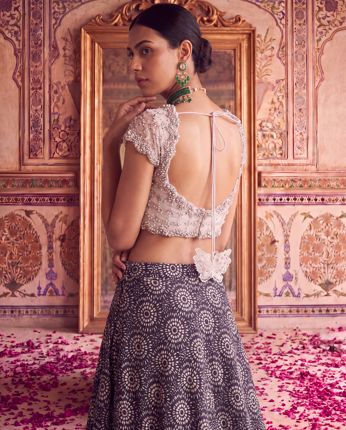 Black Modal Printed Ghagra Set with Embroidered Net Blouse-(AJKI-4500)