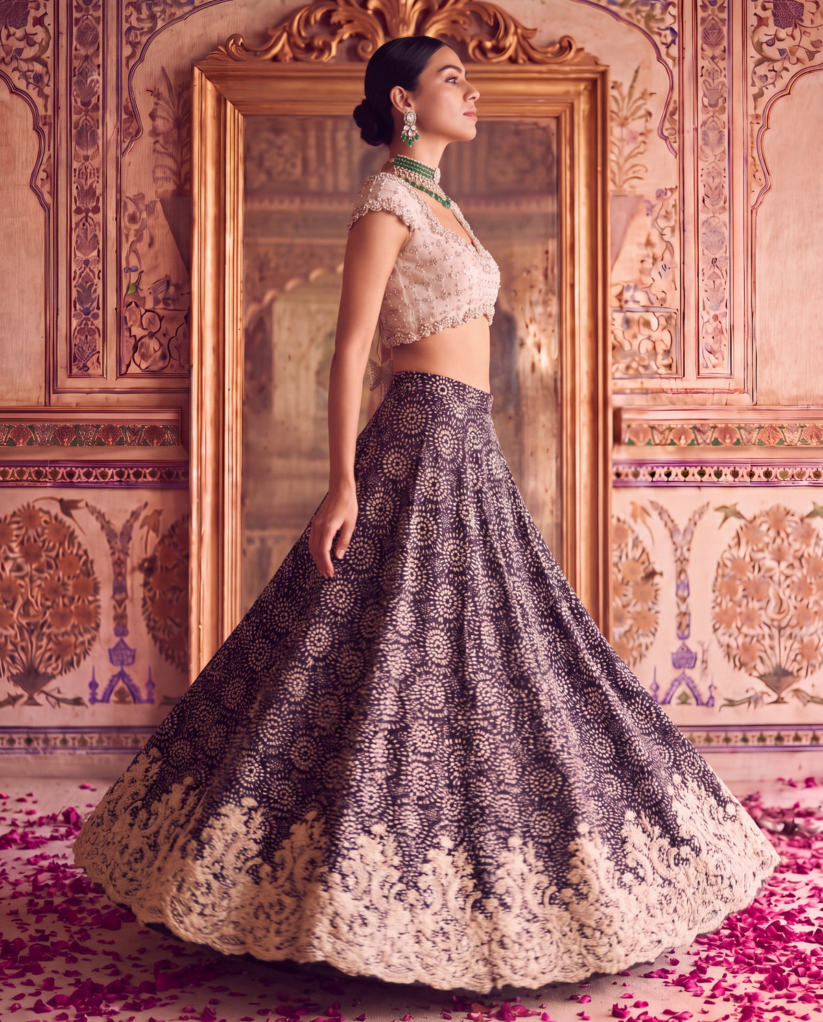 Black Modal Printed Ghagra Set with Embroidered Net Blouse-(AJKI-4500)