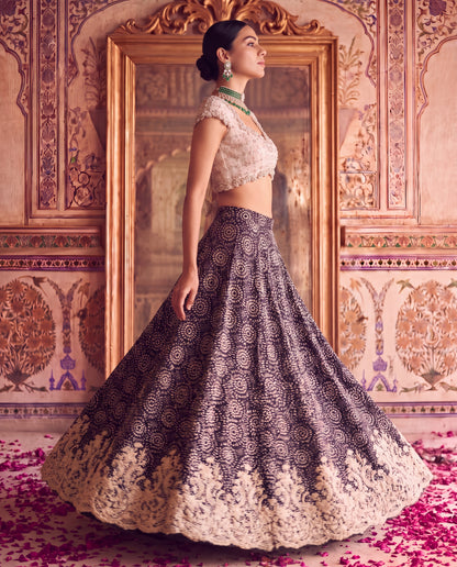 Black Modal Printed Ghagra Set with Embroidered Net Blouse-(AJKI-4500)