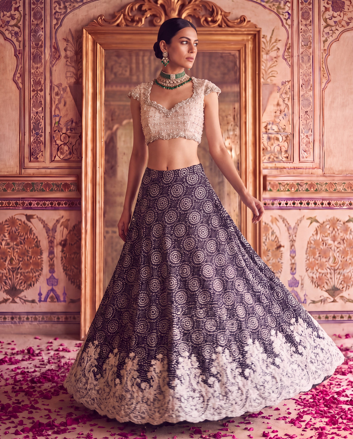 Black Modal Printed Ghagra Set with Embroidered Net Blouse-(AJKI-4500)