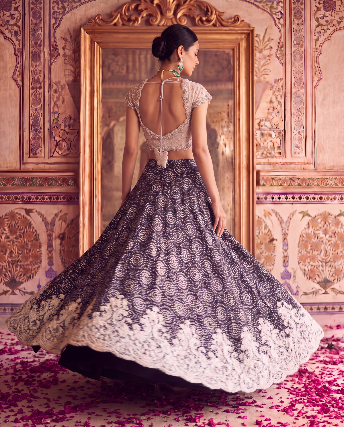 Black Modal Printed Ghagra Set with Embroidered Net Blouse-(AJKI-4500)