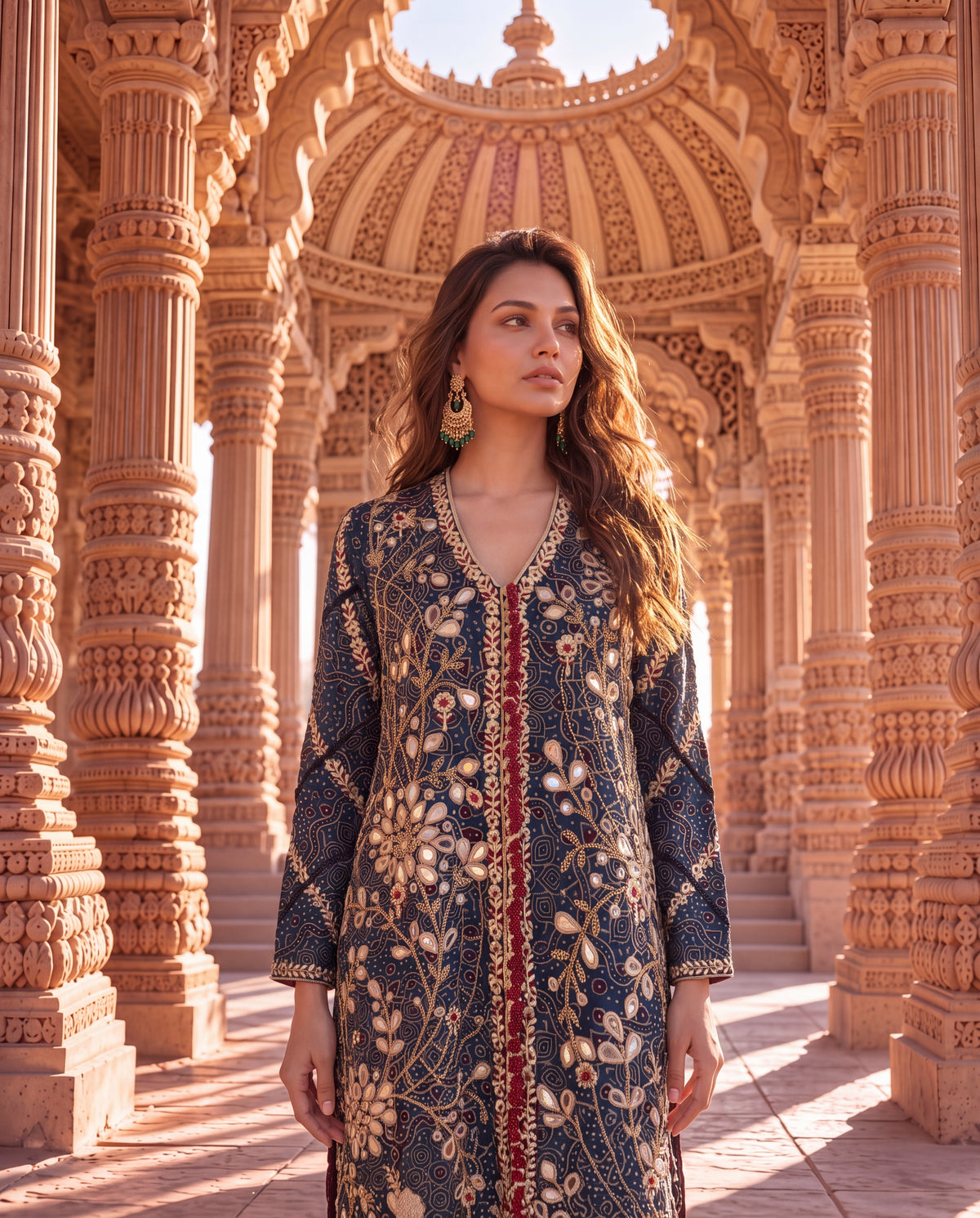 Navy Blue Ajrakh Jacket Set with Heavy Mirror Embroidery-(NBJ-2340)