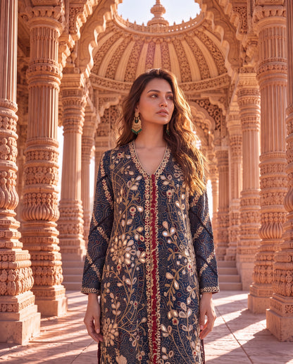 Navy Blue Ajrakh Jacket Set with Heavy Mirror Embroidery-(NBJ-2340)