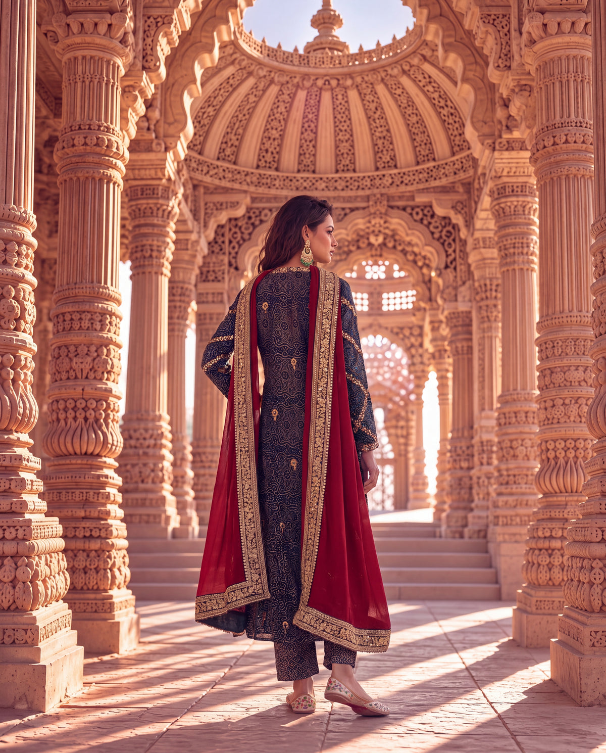 Navy Blue Ajrakh Jacket Set with Heavy Mirror Embroidery-(NBJ-2340)