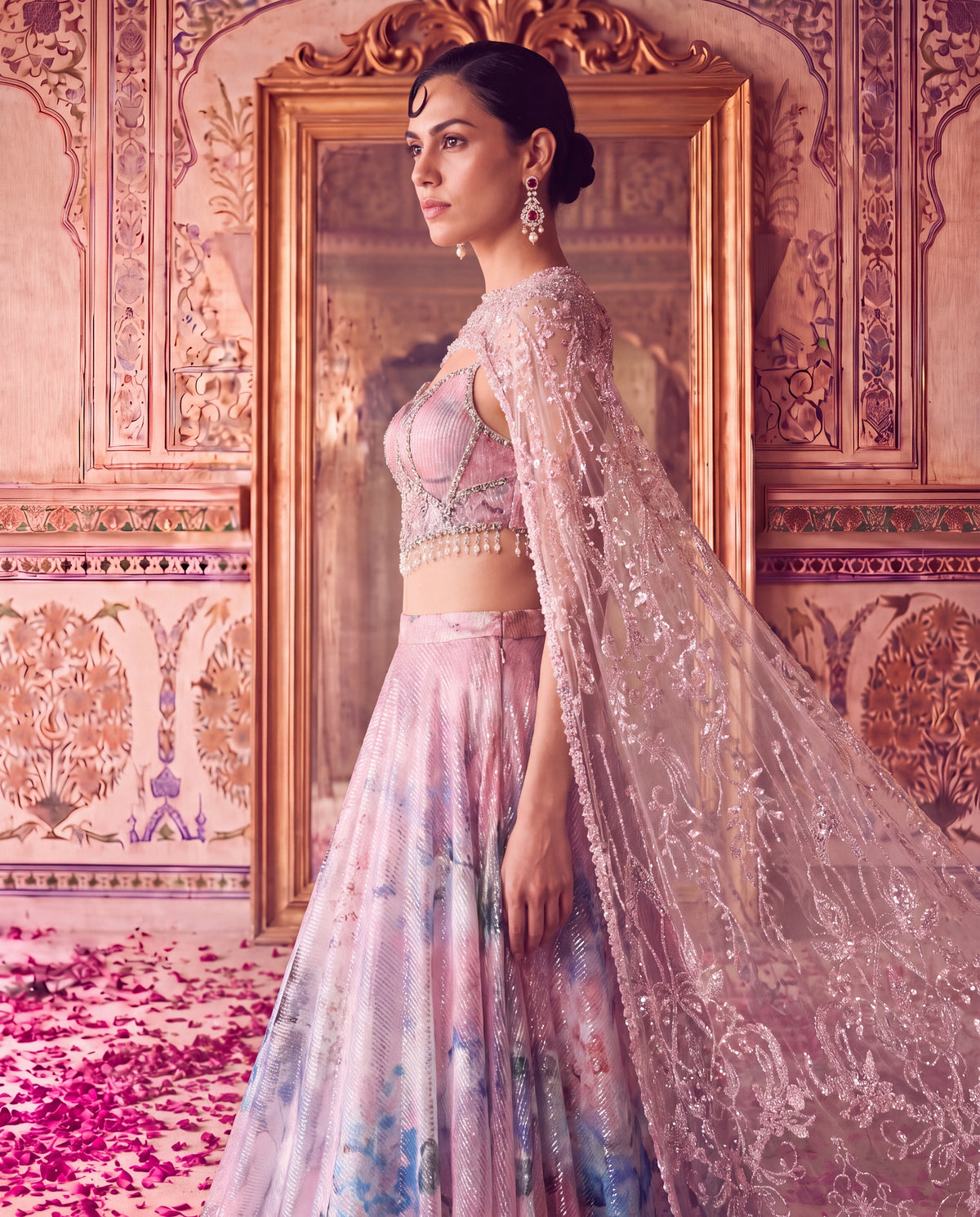Pink Floral Sequinned Ghagra Set with Embroidered Net Cape-(PPBG-180)