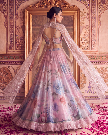 Pink Floral Sequinned Ghagra Set with Embroidered Net Cape-(PPBG-180)
