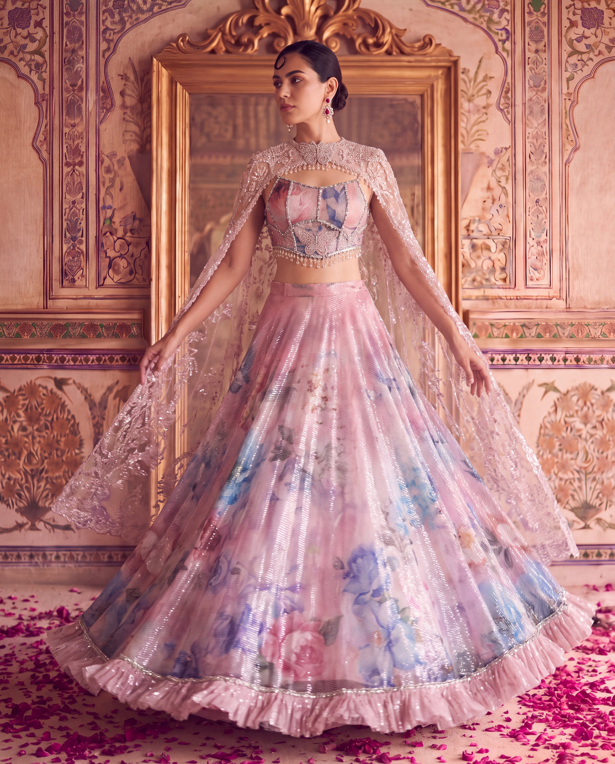 Pink Floral Sequinned Ghagra Set with Embroidered Net Cape-(PPBG-180)