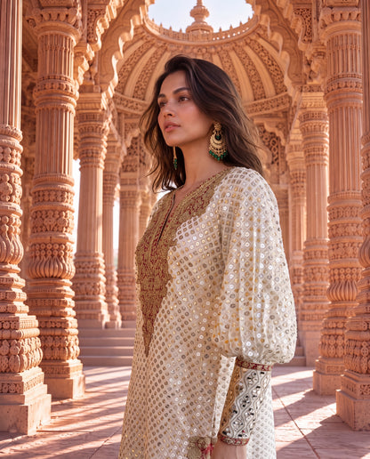 Off-White Gold & Silver Tikki Georgette Long Kaftan-(OWRF-9)