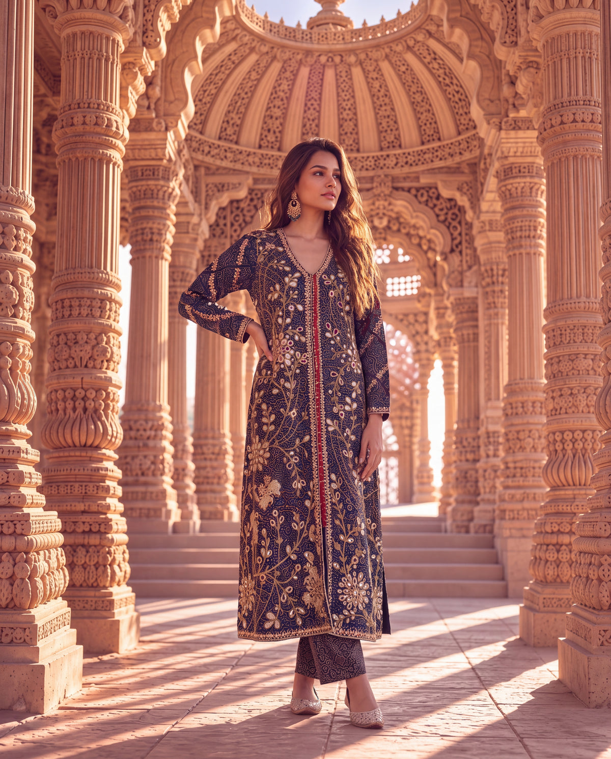 Navy Blue Ajrakh Jacket Set with Heavy Mirror Embroidery-(NBJ-2340)