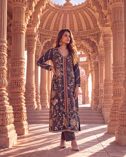 Navy Blue Ajrakh Jacket Set with Heavy Mirror Embroidery-(NBJ-2340)