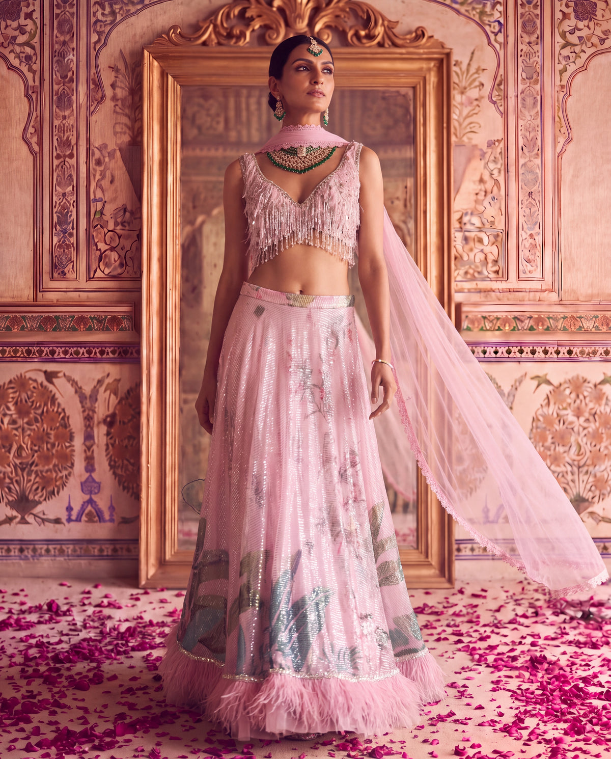 Pink Floral Sequinned Ghagra Set with Tasseled Choli Set-(PTDS-3600)