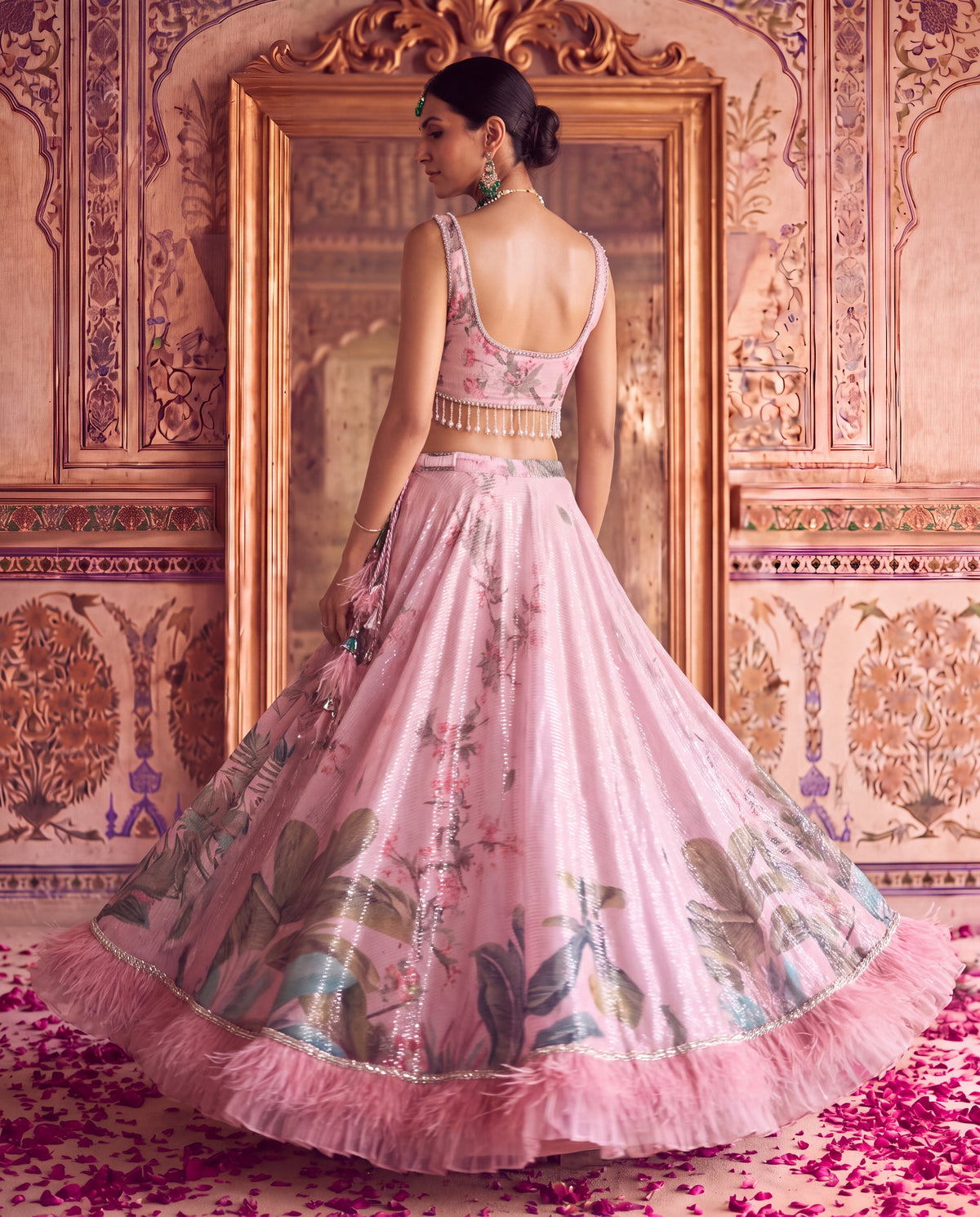 Pink Floral Sequinned Ghagra Set with Tasseled Choli Set-(PTDS-3600)