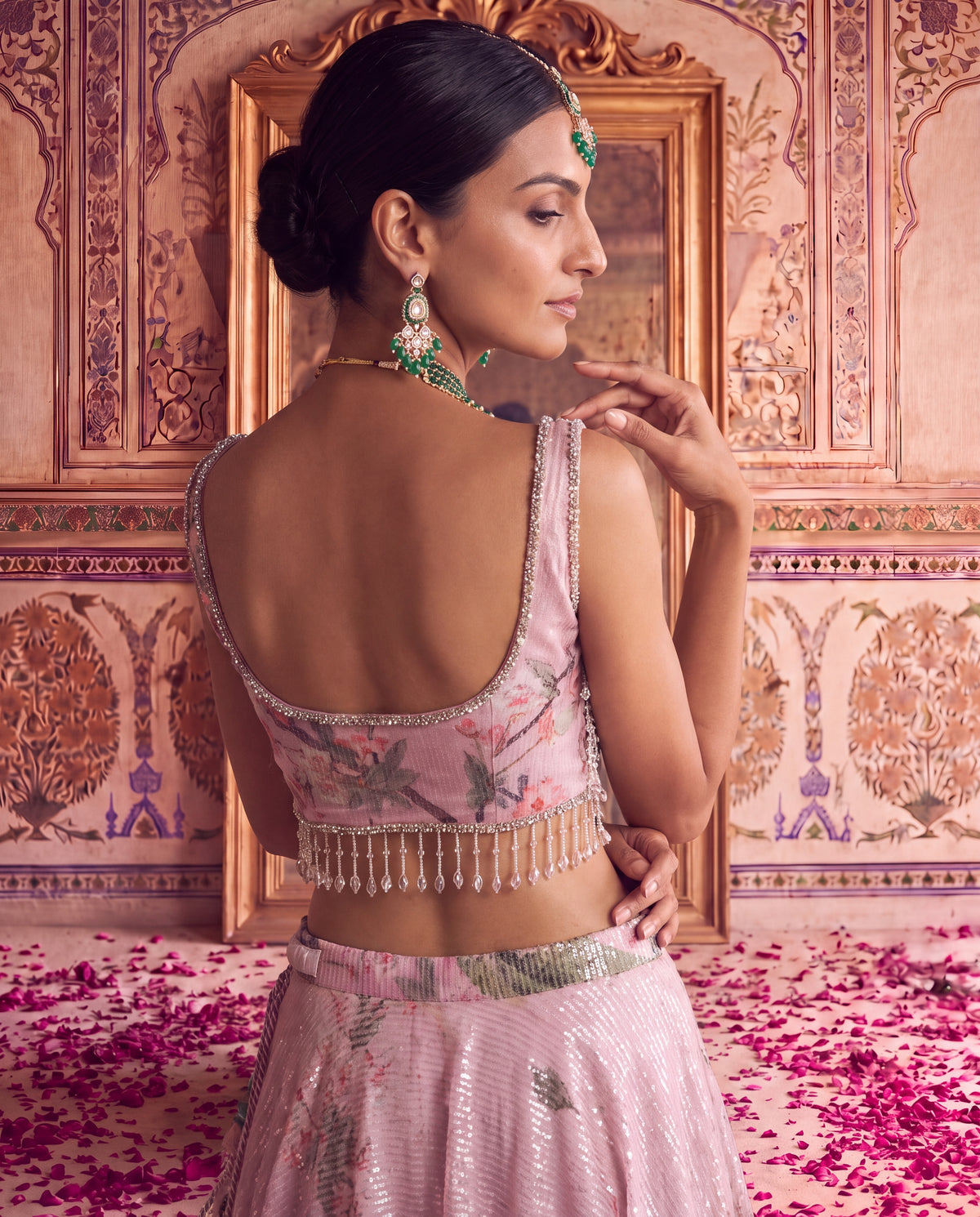 Pink Floral Sequinned Ghagra Set with Tasseled Choli Set-(PTDS-3600)