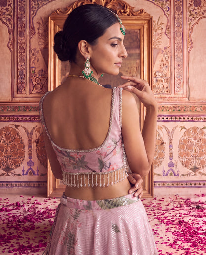Pink Floral Sequinned Ghagra Set with Tasseled Choli Set-(PTDS-3600)