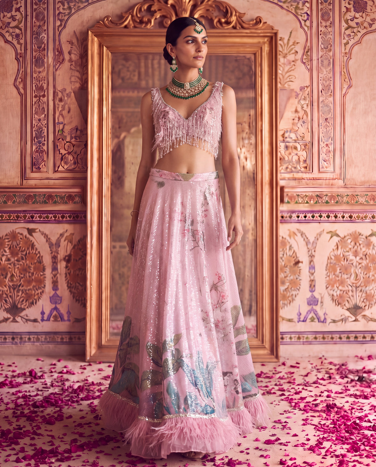Pink Floral Sequinned Ghagra Set with Tasseled Choli Set-(PTDS-3600)