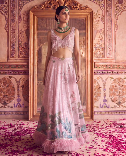 Pink Floral Sequinned Ghagra Set with Tasseled Choli Set-(PTDS-3600)