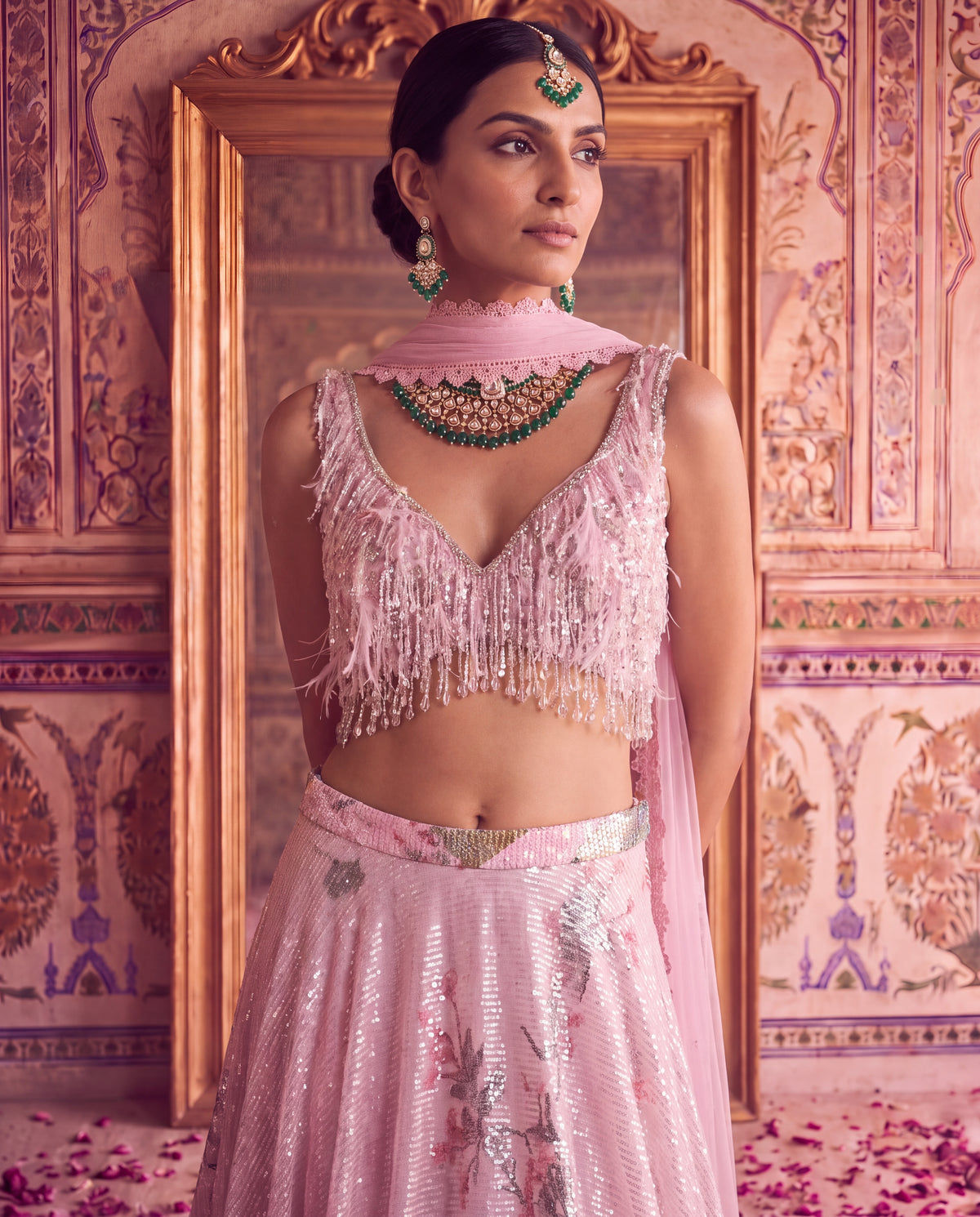 Pink Floral Sequinned Ghagra Set with Tasseled Choli Set-(PTDS-3600)