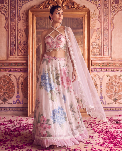 Ivory Floral Sequinned Lehenga Set with Pearl Strap Blouse & Embroidered Net Dupatta-(PPG-60120)