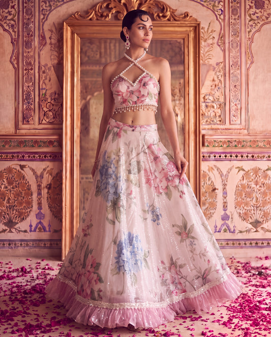 Ivory Floral Sequinned Lehenga Set with Pearl Strap Blouse & Embroidered Net Dupatta-(PPG-60120)