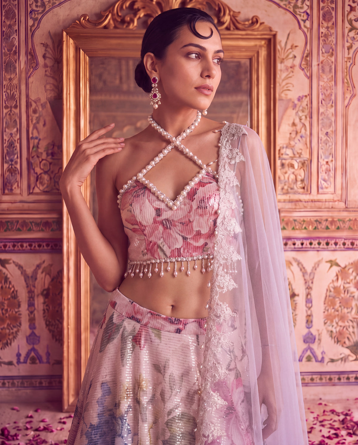 Ivory Floral Sequinned Lehenga Set with Pearl Strap Blouse & Embroidered Net Dupatta-(PPG-60120)