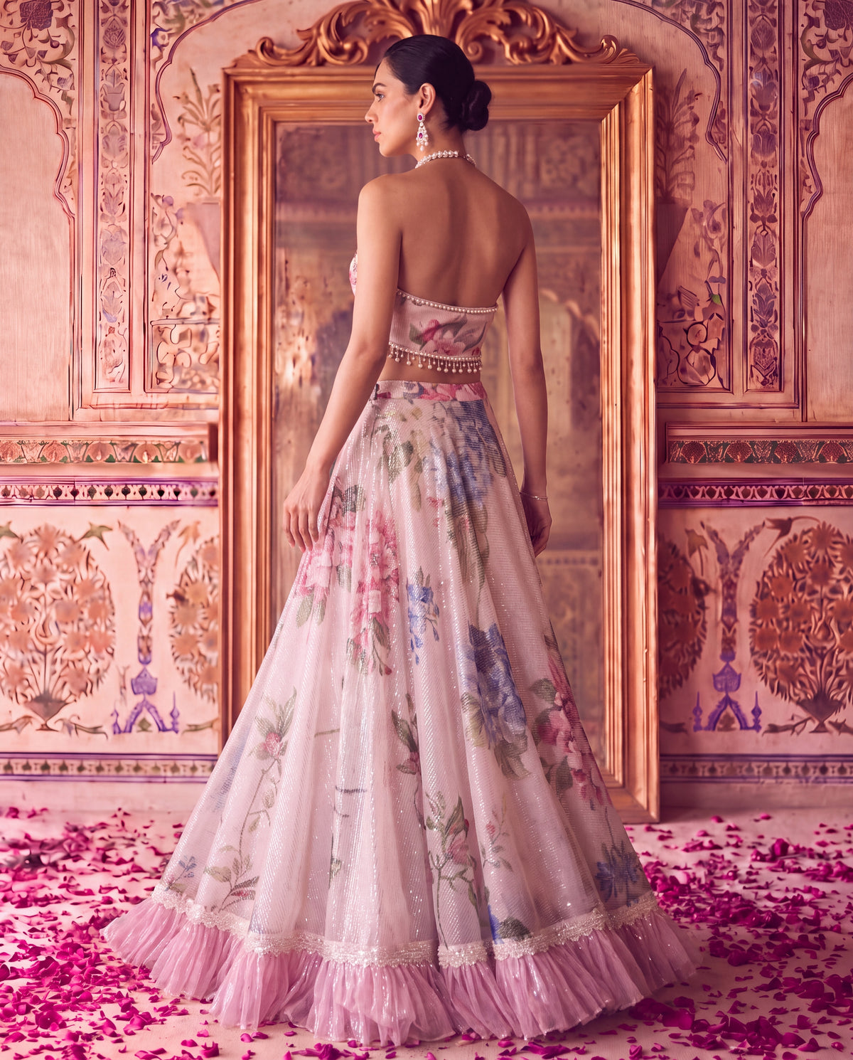 Ivory Floral Sequinned Lehenga Set with Pearl Strap Blouse & Embroidered Net Dupatta-(PPG-60120)