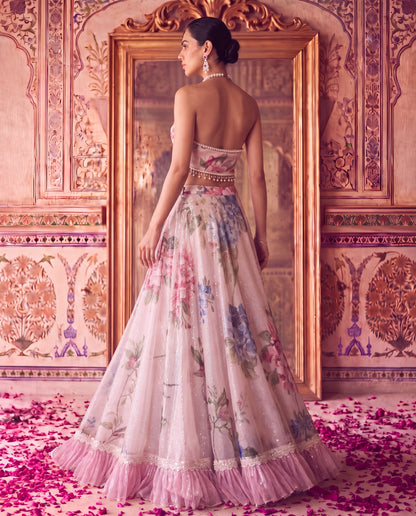 Ivory Floral Sequinned Lehenga Set with Pearl Strap Blouse & Embroidered Net Dupatta-(PPG-60120)