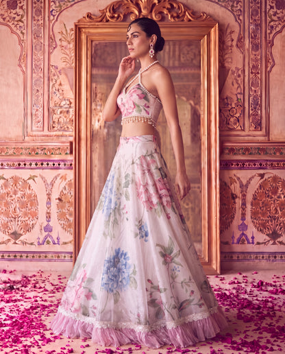 Ivory Floral Sequinned Lehenga Set with Pearl Strap Blouse & Embroidered Net Dupatta-(PPG-60120)