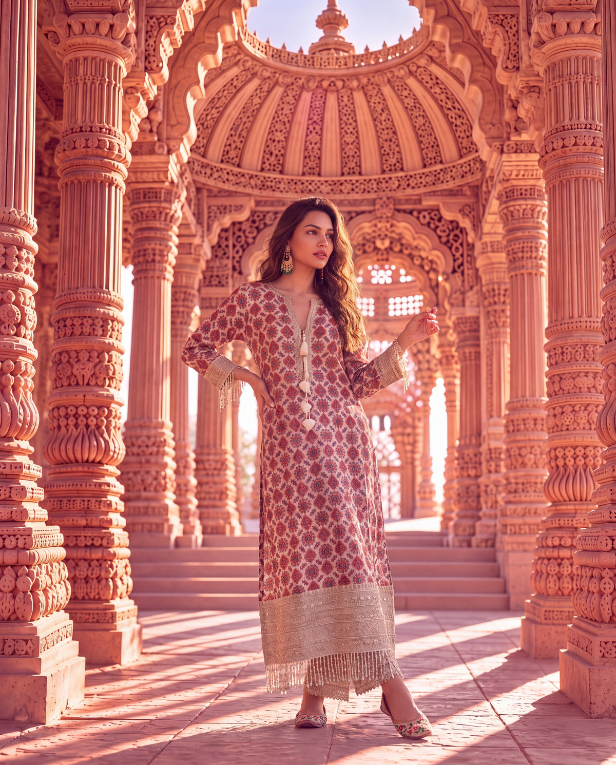Beige Ajrakh Printed Kurta Set with Embroidered Pants & Tassel Details-(FWL-2502)