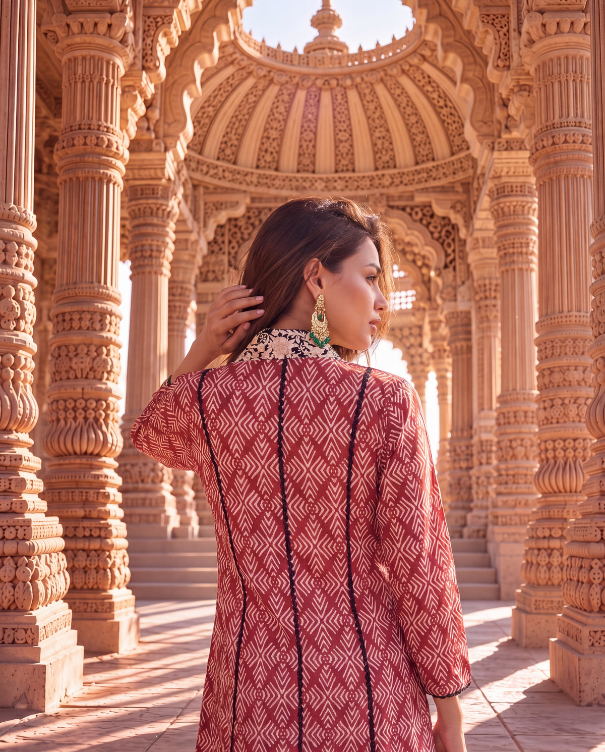 Terracotta Patola Printed Kurta with Embroidered Neckline-(TCK-5040)