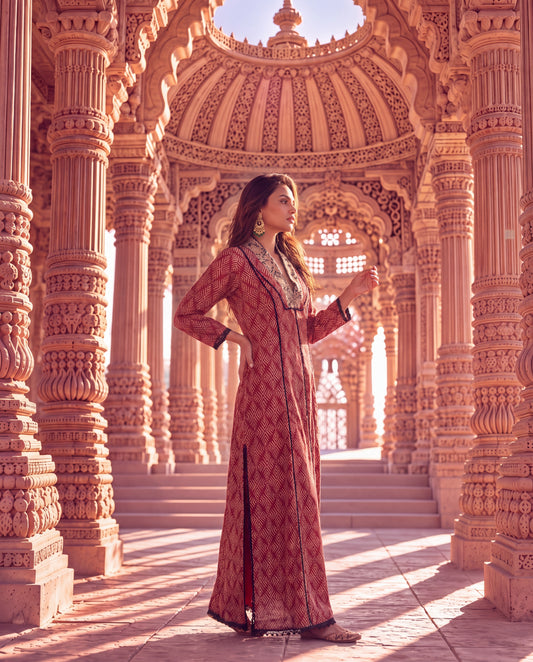 Terracotta Patola Printed Kurta with Embroidered Neckline-(TCK-5040)