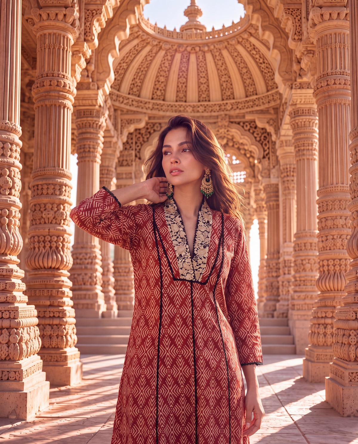 Terracotta Patola Printed Kurta with Embroidered Neckline-(TCK-5040)