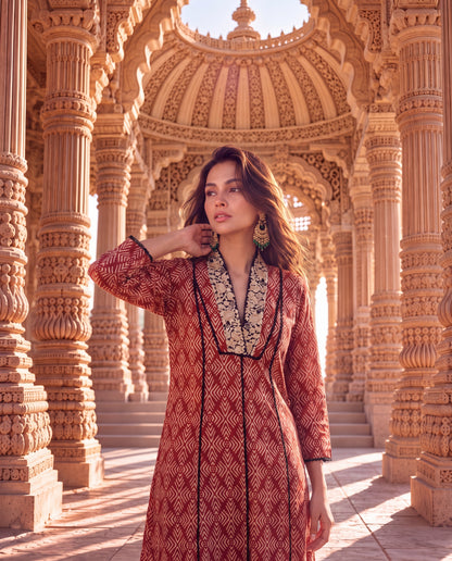 Terracotta Patola Printed Kurta with Embroidered Neckline-(TCK-5040)