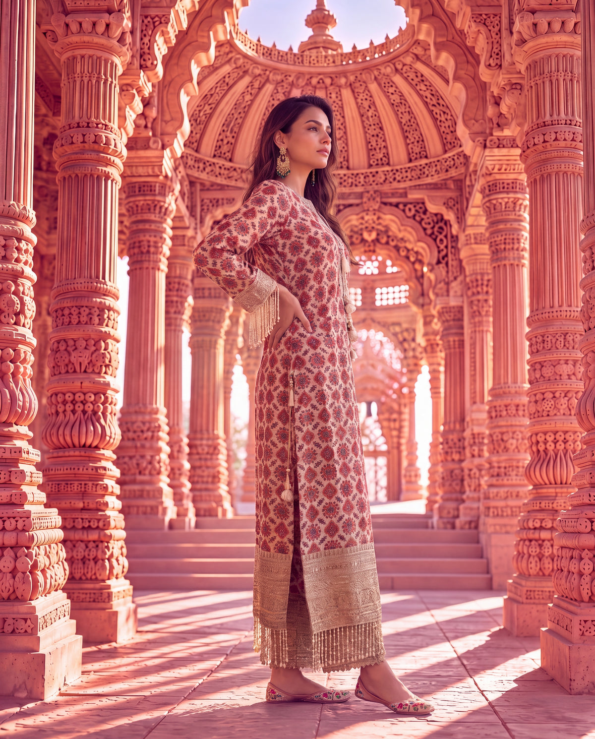 Beige Ajrakh Printed Kurta Set with Embroidered Pants & Tassel Details-(FWL-2502)