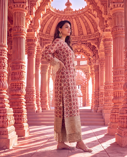 Beige Ajrakh Printed Kurta Set with Embroidered Pants & Tassel Details-(FWL-2502)