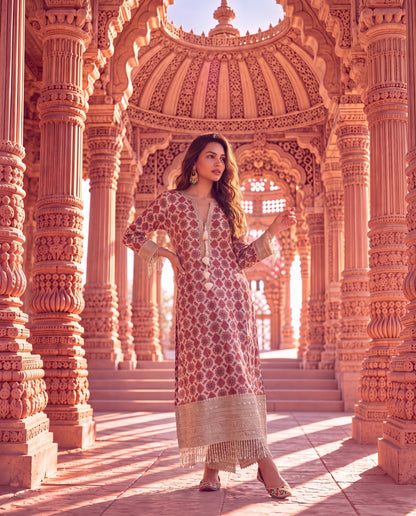 Beige Ajrakh Printed Kurta Set with Embroidered Pants & Tassel Details-(FWL-2502)
