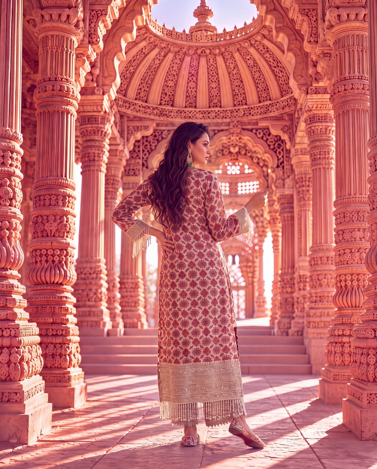 Beige Ajrakh Printed Kurta Set with Embroidered Pants & Tassel Details-(FWL-2502)